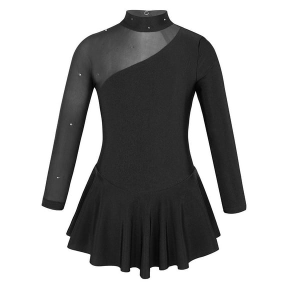 Haitryli Kids Girls Figure Ice Skating Dress Long Sleeves Rhinestone Ballet Dance Dress Gymnastic Leotard Black 12