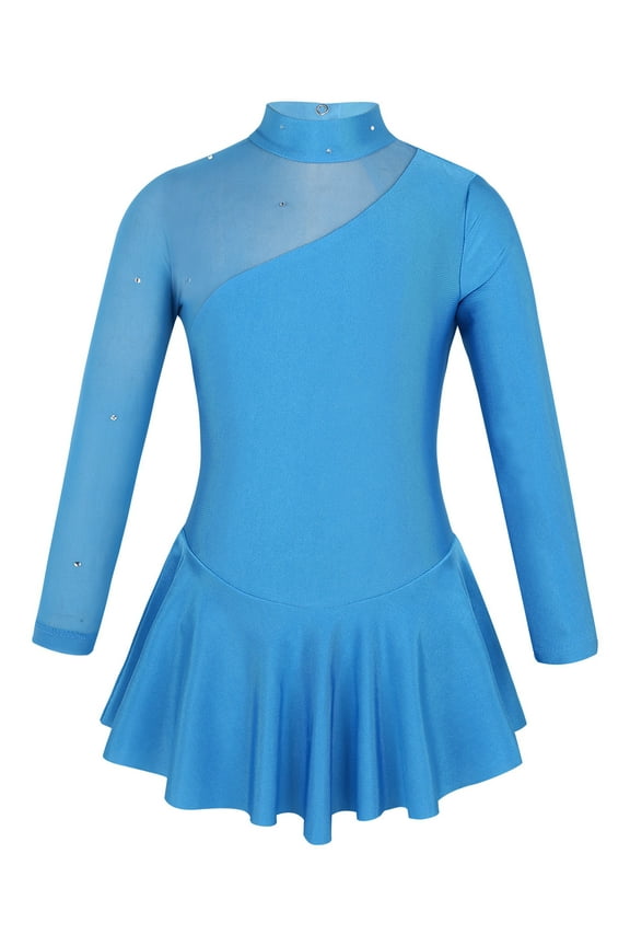 Kids Girls Figure Ice Skating Dress Long Sleeves Rhinestone Ballet Dance Dress Gymnastic Leotard Blue 6