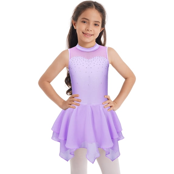 Haitryli Kids Girls Figure Ice Skating Dress Sleeveless Turtleneck Ballet Dance Dress Dancewear Lavender 6