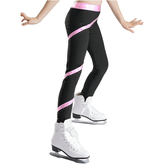 Haitryli Kids Girls Ice Skating Tights Dance Leggings Gymnastics Compression Pants Shiny Bottoms Pink 10