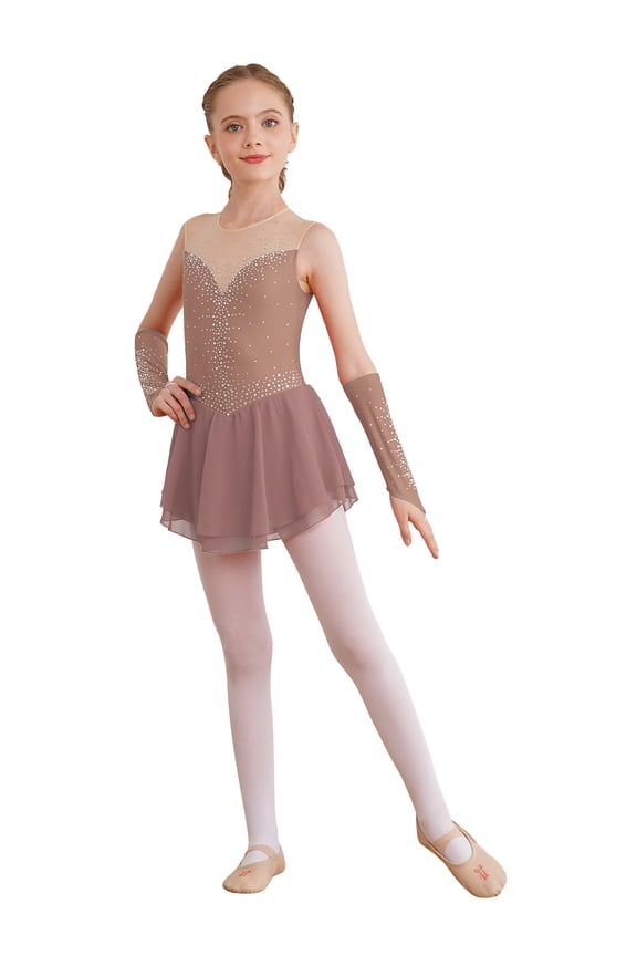 Kids Girls Figure Skating Dress with Gloves Rhinestone Sleeveless Lyrical Ballet Dance Performance Costume Dusty Pink 6