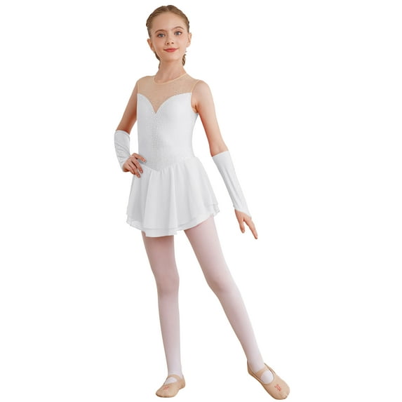 Haitryli Kids Girls Figure Skating Dress with Gloves Rhinestone Sleeveless Lyrical Ballet Dance Performance Costume White 6
