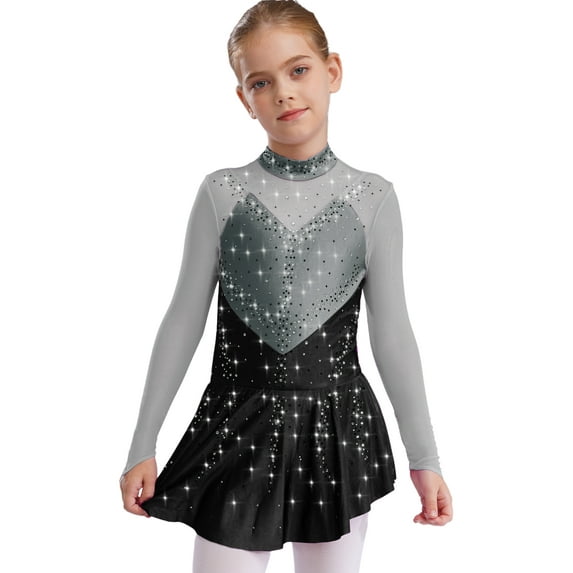 Haitryli Kids Girls Figure Skating Gymnastics Dance Dress Competition Performance Long Sleeve Color Block Mesh Patchwork Leotard Gray&Black 14