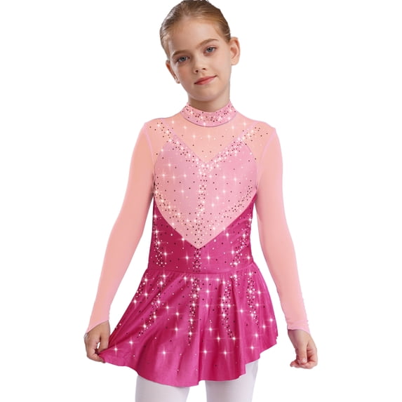Haitryli Kids Girls Figure Skating Gymnastics Dance Dress Competition Performance Long Sleeve Color Block Mesh Patchwork Leotard Hot Pink 14