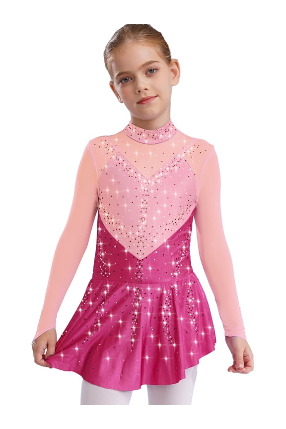 Kids Girls Figure Skating Gymnastics Dance Dress Competition Performance Long Sleeve Color Block Mesh Patchwork Leotard Hot Pink 8