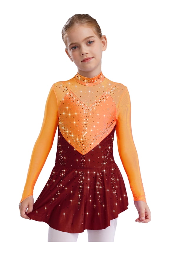 Kids Girls Figure Skating Gymnastics Dance Dress Competition Performance Long Sleeve Color Block Mesh Patchwork Leotard Orange&Burgundy 6
