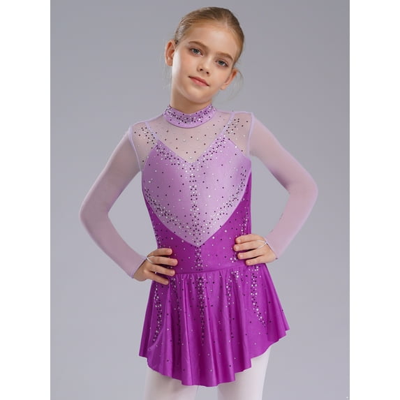 Haitryli Kids Girls Figure Skating Gymnastics Dance Dress Competition Performance Long Sleeve Color Block Mesh Patchwork Leotard Purple 6