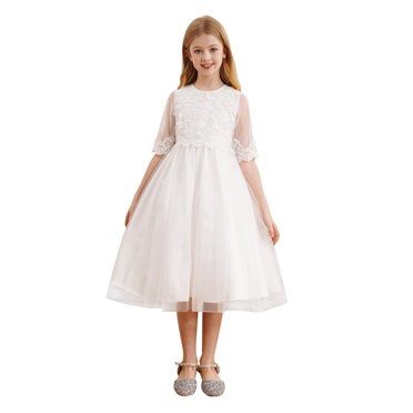 Kids Short Sleeve White First Communion Gown GFGD497 main image 1