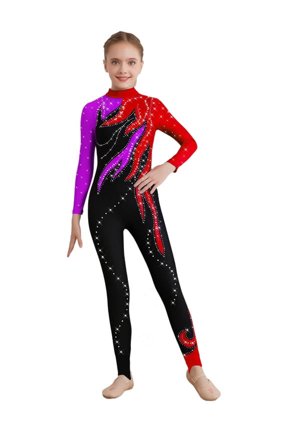 Kids Girls Full Body Unitard Shiny Rhinestones Gymnastics Leotard Dance Bodysuit Long Sleeve Jumpsuit Purple&Red 16