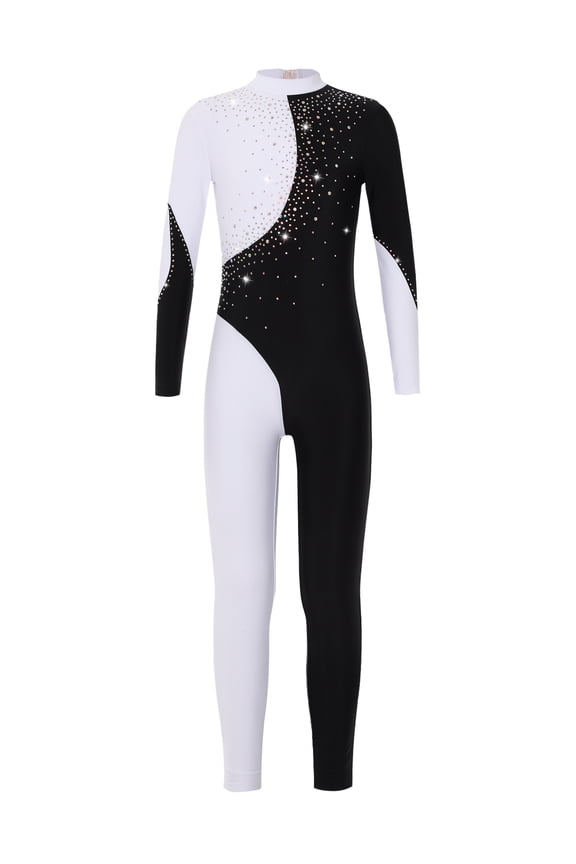 Kids Girls Full Length Leotard Catsuit One-Piece Jumpsuit Gymnastics Unitard  Ballet Dance Dancewear Black&White 8