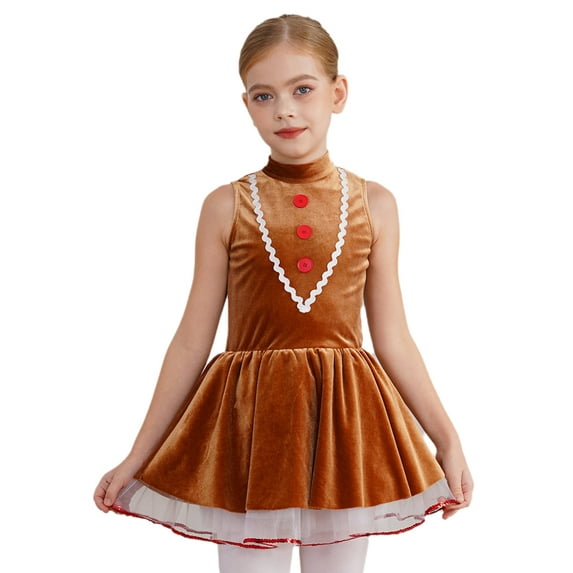 Haitryli Kids Girls Gingerbread Man Clothes Tutu Dress Velvet Mock Neck V Front Ice Skating Dance Dress Brown 10