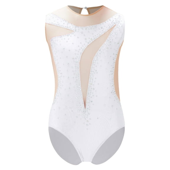 Haitryli Kids Girls Gymnastics Ballet Dance Tank Leotard Shiny Rhinestone Figure Skating Jumpsuit Bodysuit Dancewear White 6