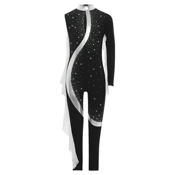 Haitryli Kids Girls Gymnastics Dance Bodysuit Mesh Ruffle Full Body Unitard Asymmetrical Figure Skating Jumpsuit Black 8