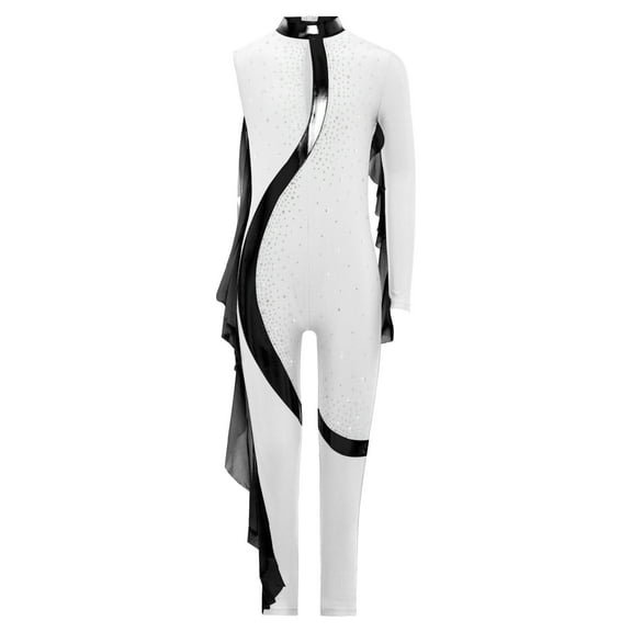 Haitryli Kids Girls Gymnastics Dance Bodysuit Mesh Ruffle Full Body Unitard Asymmetrical Figure Skating Jumpsuit White 16