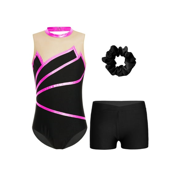 Haitryli Kids Girls Gymnastics Dance Leotard Mesh Bodysuit and Ballet Shorts Hair Tie 3 Piece Set Hot Pink 6