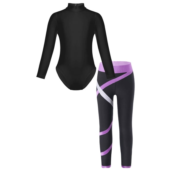 Haitryli Kids Girls Gymnastics Dance Outfits Mock Neck Long Sleeve Leotard with Yoga Leggings Set Lavender L
