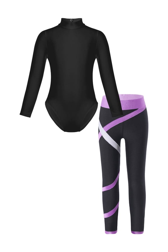 Kids Girls Gymnastics Dance Outfits Mock Neck Long Sleeve Leotard with Yoga Leggings Set Lavender M