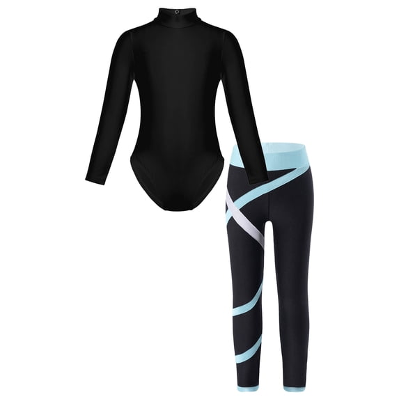 Haitryli Kids Girls Gymnastics Dance Outfits Mock Neck Long Sleeve Leotard with Yoga Leggings Set Light Blue 4XL