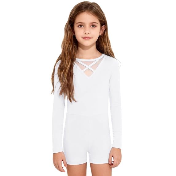 Haitryli Kids Girls Gymnastics Leotard Long Sleeve Ballet Dance Bodysuit Biketard Tumbling Unitard with Shorts Ivory 12