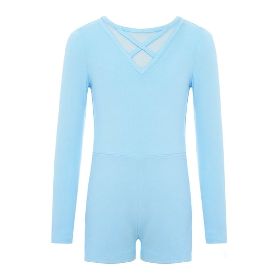 Haitryli Kids Girls Gymnastics Leotard Long Sleeve Ballet Dance Bodysuit Biketard Tumbling Unitard with Shorts Light Blue 12