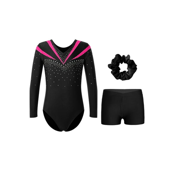 Haitryli Kids Girls Gymnastics Leotard Rhinestone Long Sleeve Ballet Jumpsuit Bodysuit with Shorts Hair Band Set Hot Pink 8