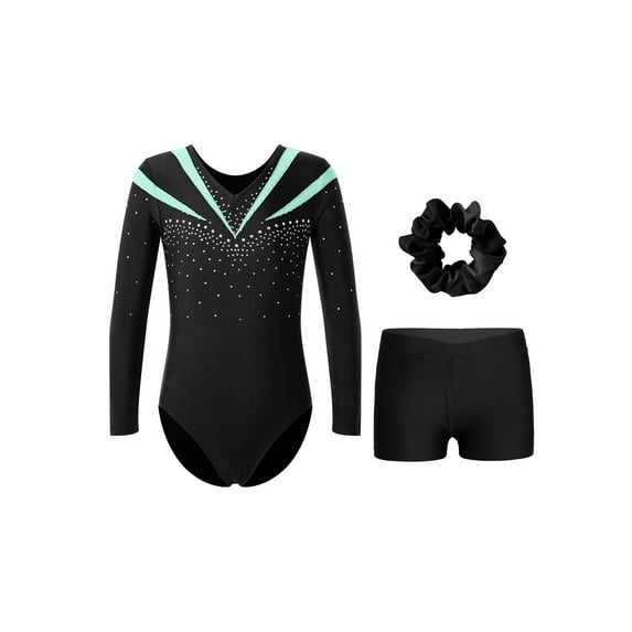 Haitryli Kids Girls Gymnastics Leotard Rhinestone Long Sleeve Ballet Jumpsuit Bodysuit with Shorts Hair Band Set Light Green 8