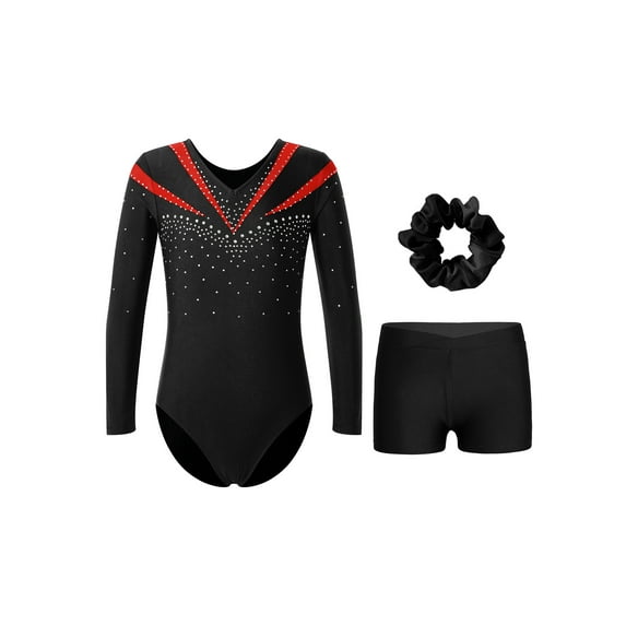 Haitryli Kids Girls Gymnastics Leotard Rhinestone Long Sleeve Ballet Jumpsuit Bodysuit with Shorts Hair Band Set Red 10