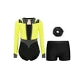 thumbnail image 1 of Haitryli Kids Girls Gymnastics Leotard with Shorts Long Sleeve Athletic Dance Unitard Biketard with Hair Scrunchies Fluorescent Yellow Black 14, 1 of 3