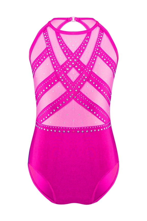 Kids Girls Gymnastics Leotards Glittery Diamond Ballet Unitards Figure Skating Bodysuit Hot Pink 8