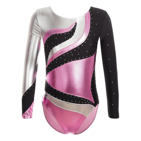 Haitryli Kids Girls Gymnastics Leotards Long Sleeves Shiny Ballet Dance Leotard Workout Outfits Dancewear Pink 8
