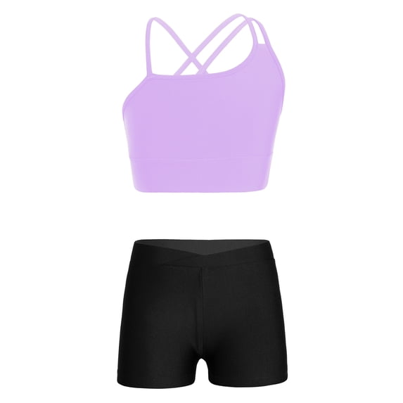 Haitryli Kids Girls Gymnastics Outfit Dance Crop Top Sport Bra and Ballet Shorts Short Bottoms Set Lavender&Black 10