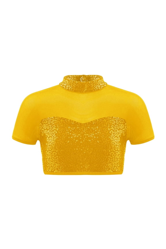 Kids Girls Gymnastics T-Shirt Lyrical Ballet Dance Crop Tops Mesh Patchwork Jazz Hip Hop Dancewear Gold 4