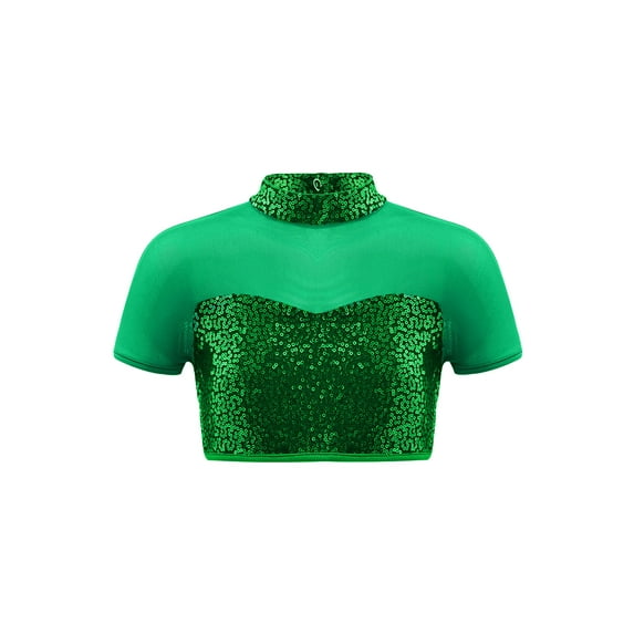 Haitryli Kids Girls Gymnastics T-Shirt Lyrical Ballet Dance Crop Tops Mesh Patchwork Jazz Hip Hop Dancewear Green 8