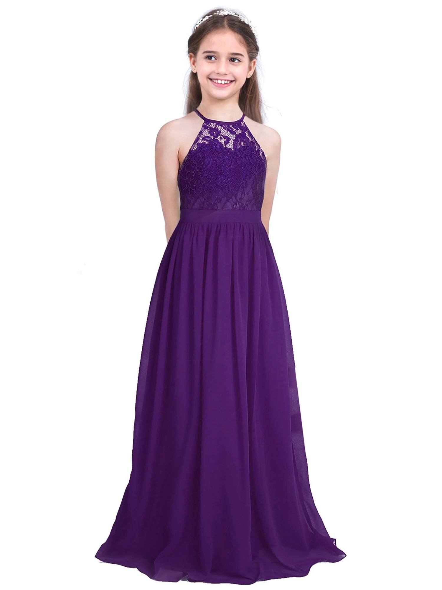 Haitryli Kids Girls Halter Chiffon Lace Flower Girls Dress Party Wedding Bridesmaid Maxi Dresses Ball Gown Deep Purple 8 Walmart