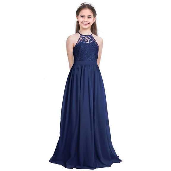 Haitryli Kids Girls Halter Chiffon Lace Flower Girls Dress Party Wedding Bridesmaid Maxi Dresses Ball Gown Navy Blue 6