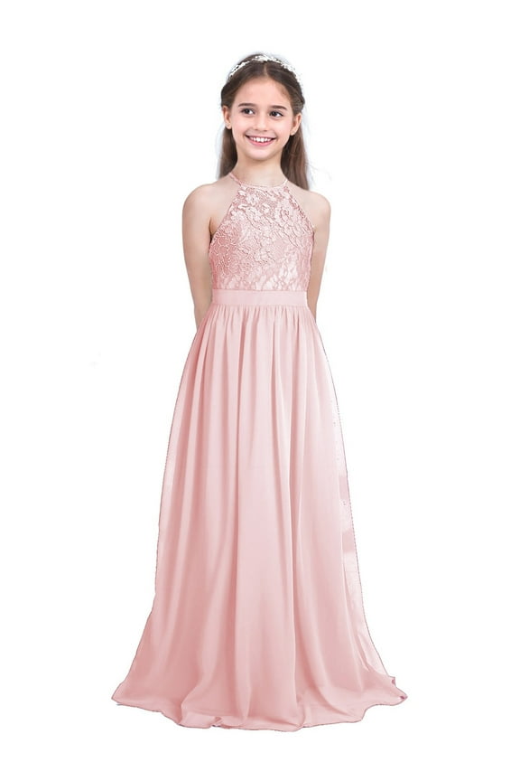 Kids Girls Halter Chiffon Lace Flower Girls Dress Party Wedding Bridesmaid Maxi Dresses Ball Gown Pearl Pink 8