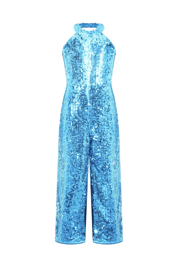 Kids Girls Halter Sleeveless Party Romper Sequins One Piece Jumpsuit Ball Gown Sky Blue 10