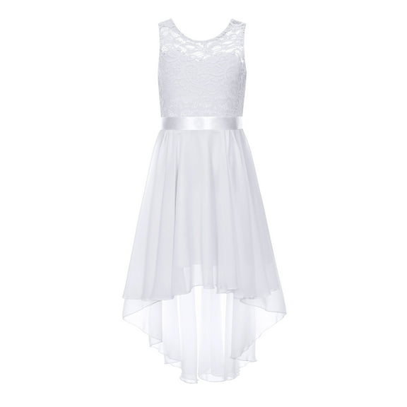Haitryli Kids Girls Hi-Low Chiffon Flower Dress Sleeveless Lace Wedding Dance Prom Gown White 8
