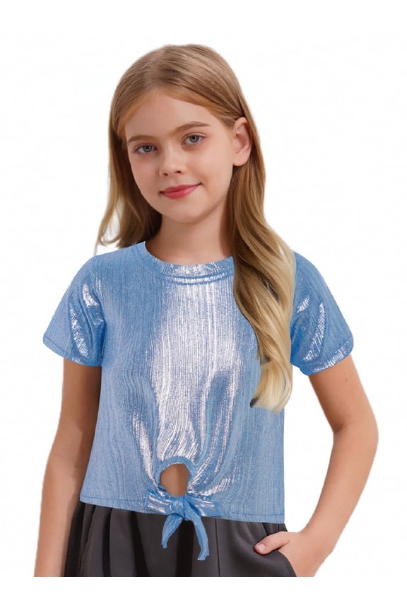 Kids Girls Hip Hop Clothes Sparkly Cheerleading Team Uniform Keyhole Hem Jazz Street Dance Tops Light Blue 6-10