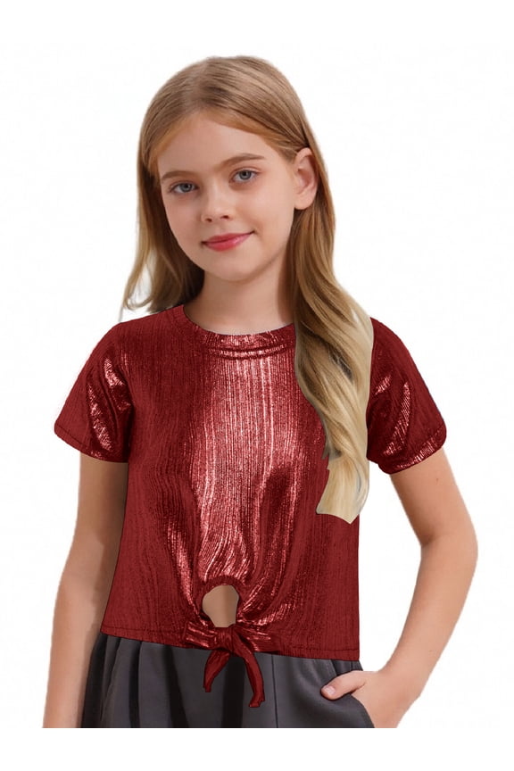 Kids Girls Hip Hop Clothes Sparkly Cheerleading Team Uniform Keyhole Hem Jazz Street Dance Tops Red 6-10