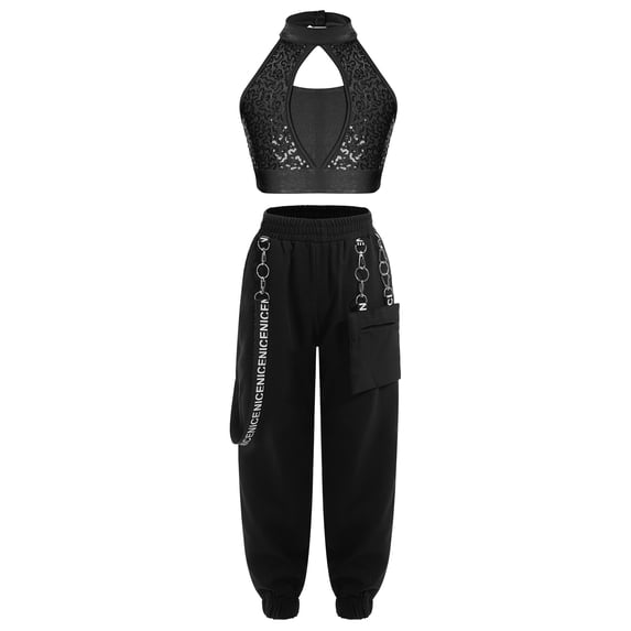 Haitryli Kids Girls Hip Hop Dance Outfits Shiny Sequins Sleeveless Crop Tops with Pants Street Dancewear Black 6