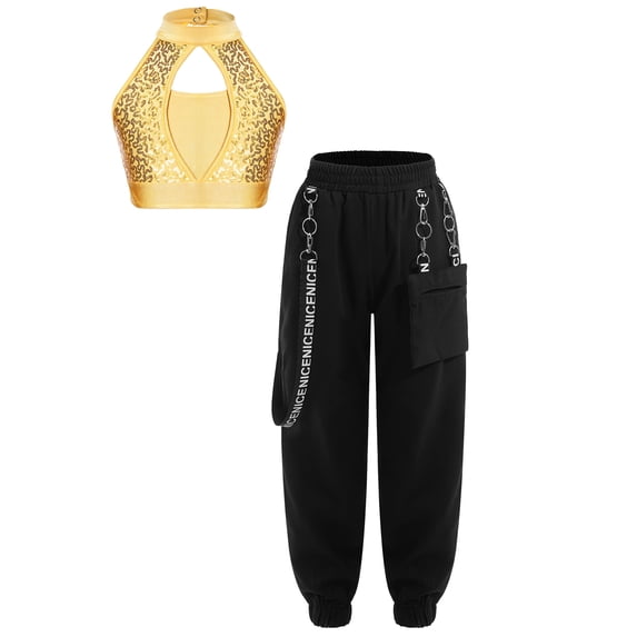 Haitryli Kids Girls Hip Hop Dance Outfits Shiny Sequins Sleeveless Crop Tops with Pants Street Dancewear Yellow 6