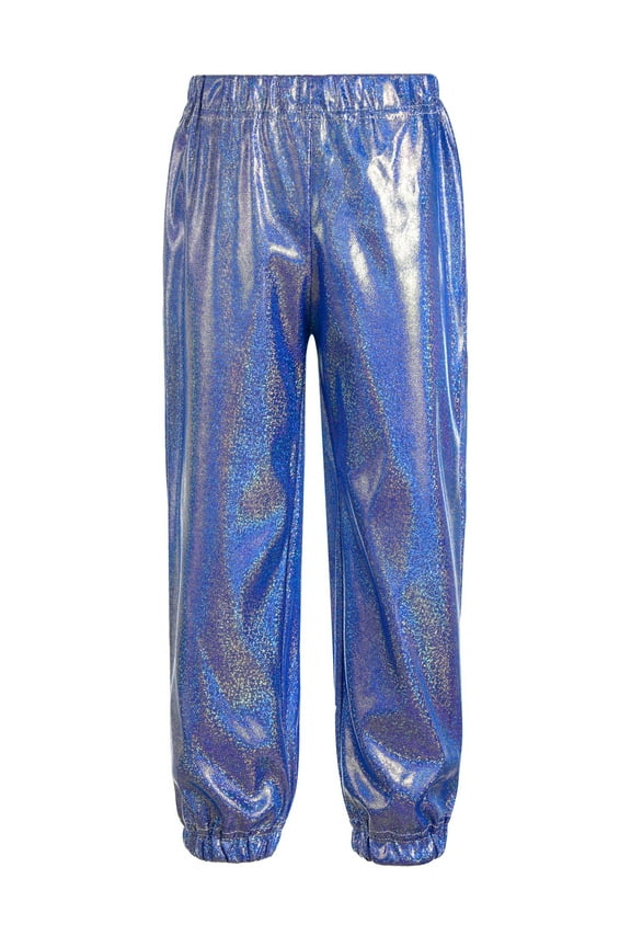 Kids Girls Hip Hop Dance Pants Shiny Metallic Trousers Stage Performance Bottoms Dancewear Blue 5-6