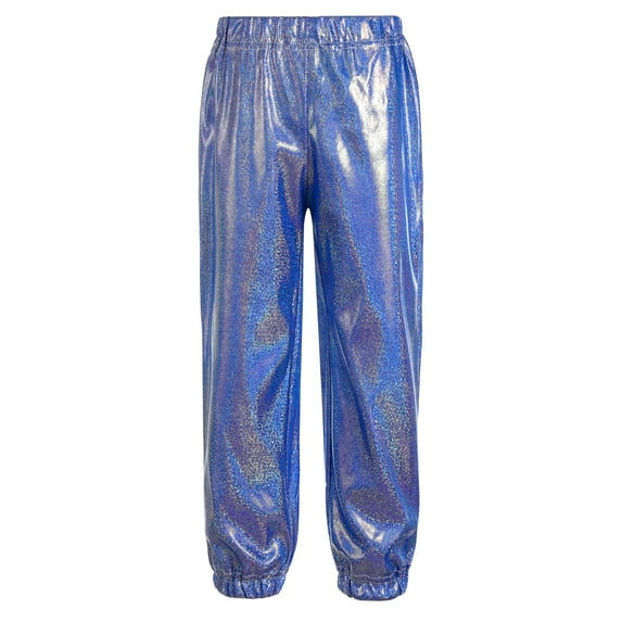 Haitryli Kids Girls Hip Hop Dance Pants Shiny Metallic Trousers Stage Performance Bottoms Dancewear Blue 9-10