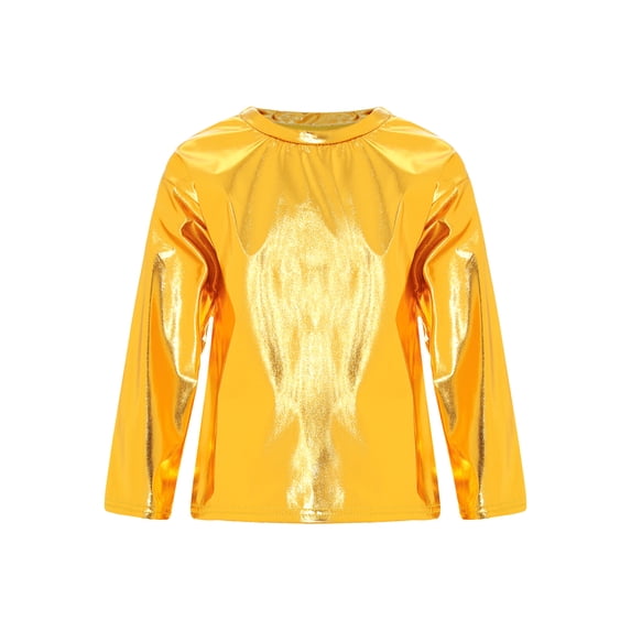 Haitryli Kids Girls Hip Hop Dance Shirts Shiny Metallic T Shirt Jazz Pullover Rave Disco Tops Tee Gold 11-12
