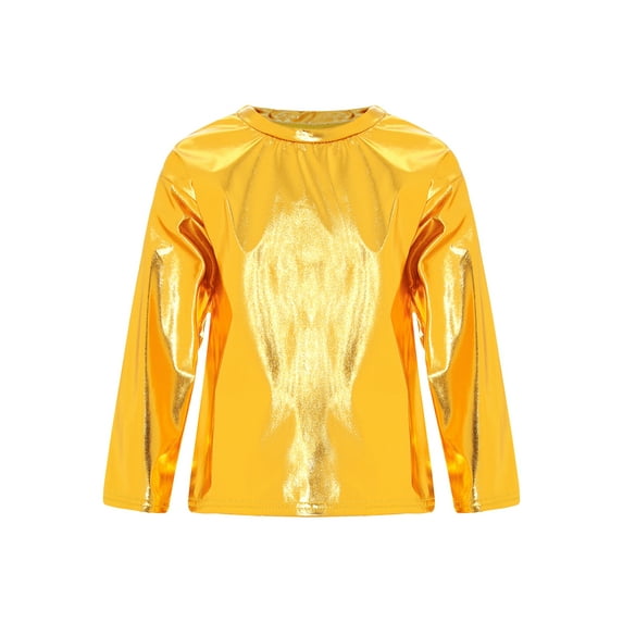 Haitryli Kids Girls Hip Hop Dance Shirts Shiny Metallic T Shirt Jazz Pullover Rave Disco Tops Tee Gold 3-4