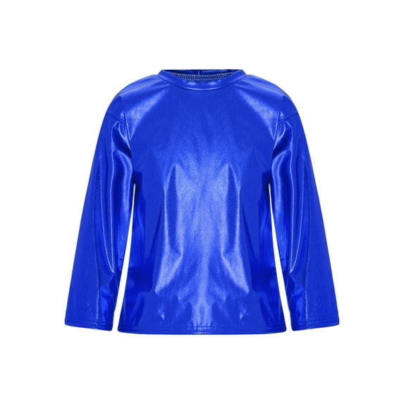 Haitryli Kids Girls Hip Hop Dance Shirts Shiny Metallic T Shirt Jazz Pullover Rave Disco Tops Tee Royal Blue 15-16
