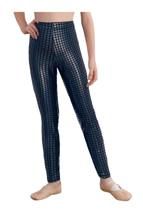 Kids Girls Hip Hop Hippie Latin Jazz Dance Leggings Metallic Plaid Gymnastics Cheer Leader Skinny Pants Black 170