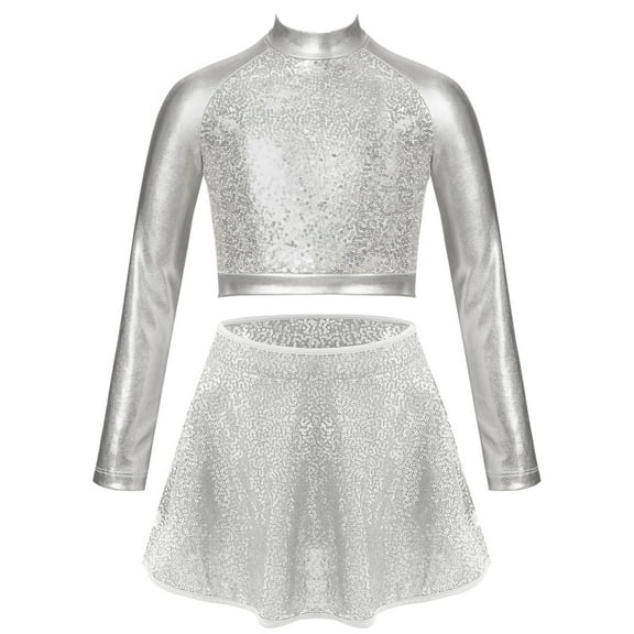 Haitryli Kids Girls Hip Hop Jazz Latin Dance Outfit Sequin Long Sleeve T-Shirt Crop Top with Skirt Set for Competition Silver 10
