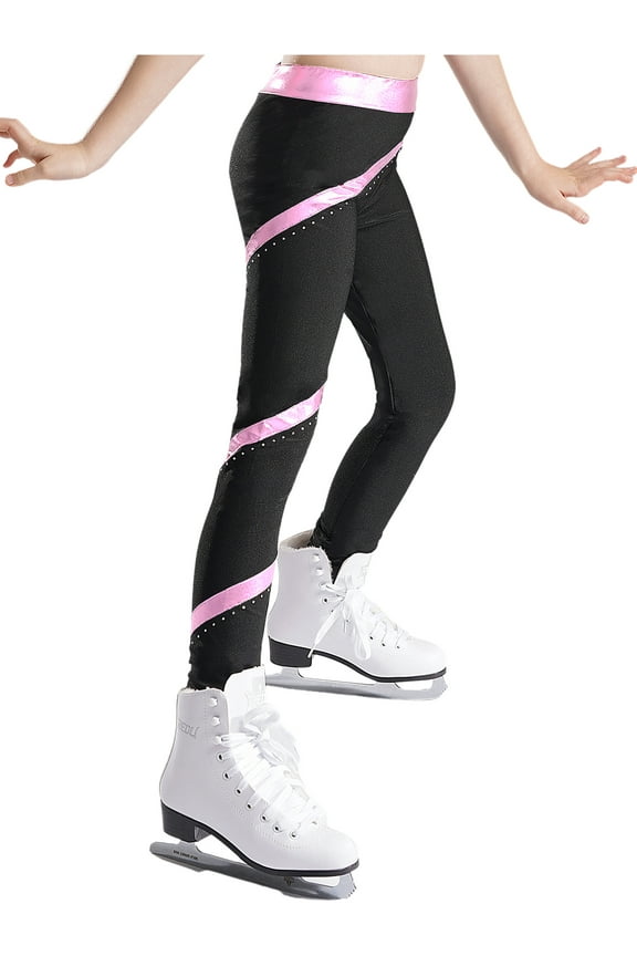 Kids Girls Ice Skating Tights Dance Leggings Gymnastics Compression Pants Shiny Bottoms Pink 8